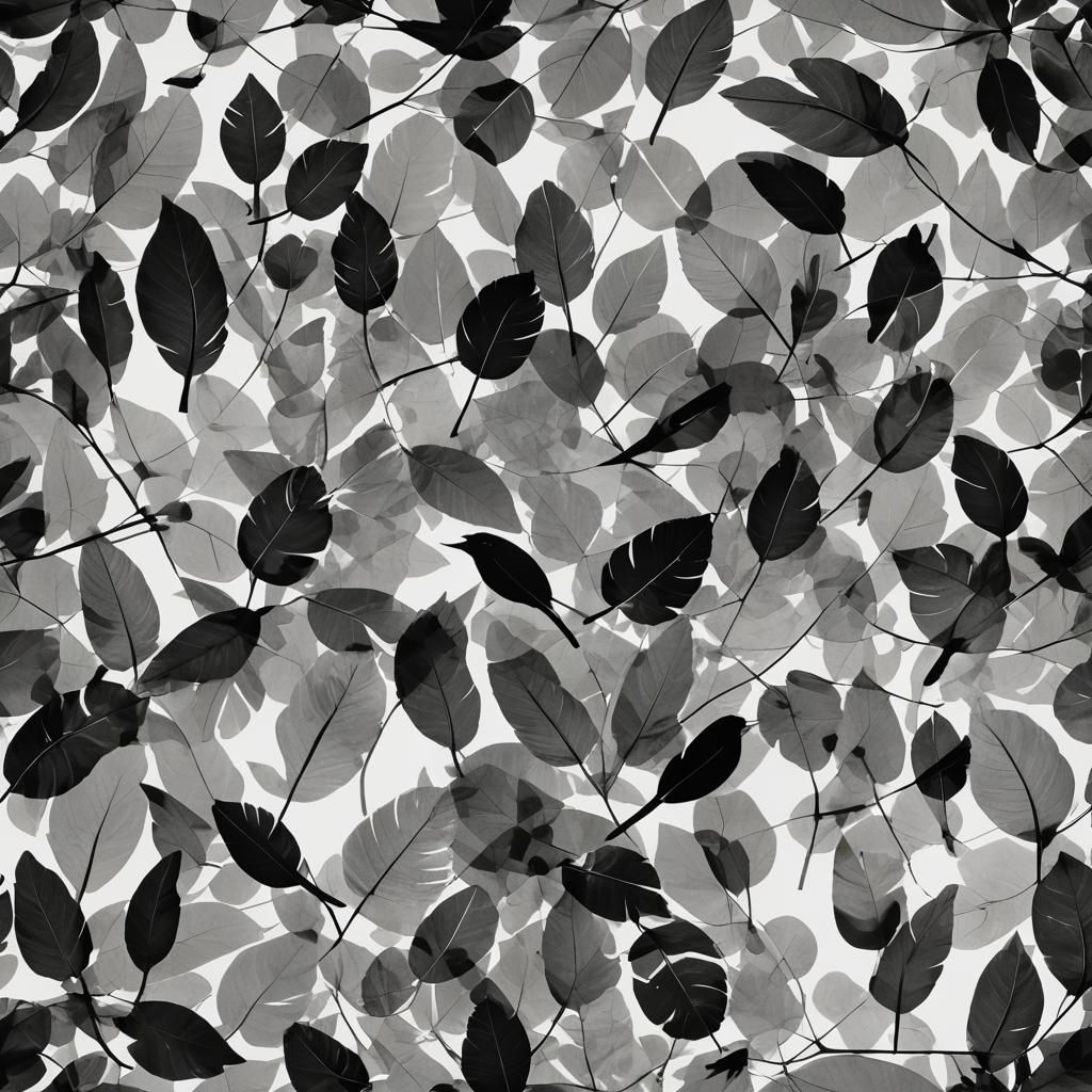 Monochrome Photogram of Bird with Feathers and Leaves