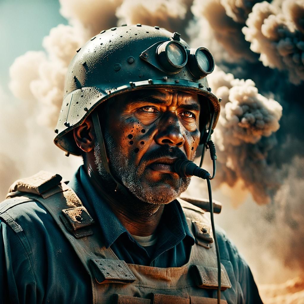 Minesweeper in War Zone: Hyperrealistic Cinematic Still