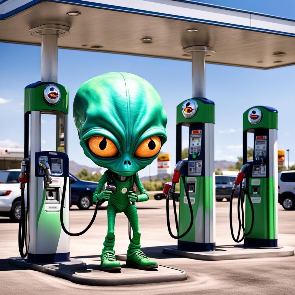Alien at Gas Pump with Eye, Digital Art
