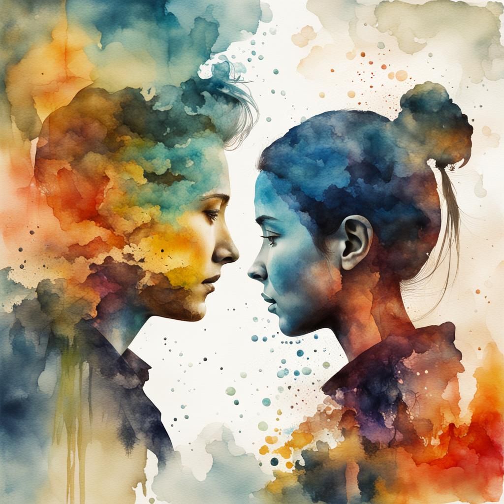 Watercolor Double Exposure Portrait of Girl and Boy