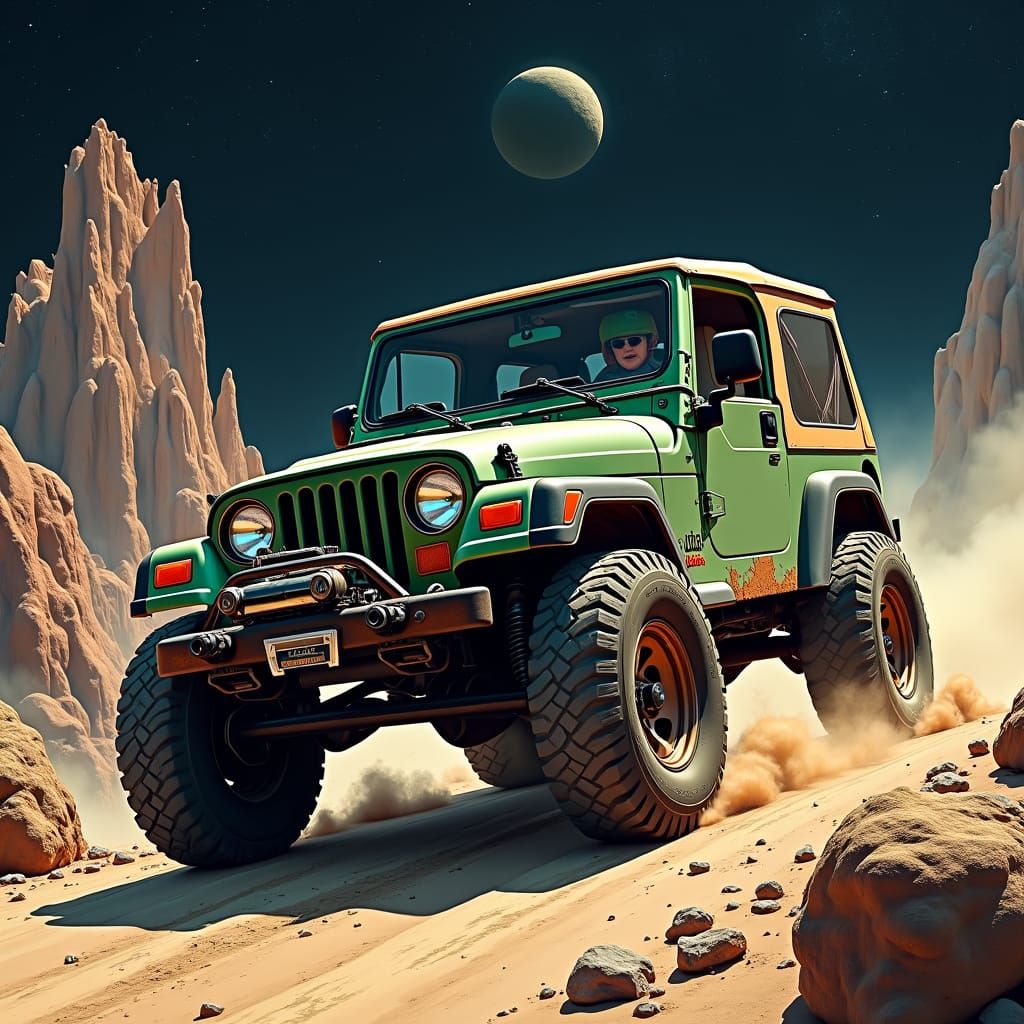 Jeep Wrangler Sahara on Asteroid Trail in Space
