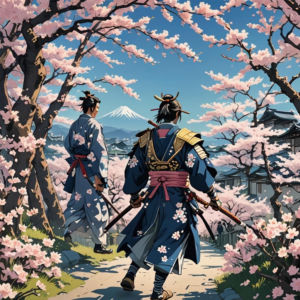Samurai in Cherry Blossoms: Ukiyo-e Anime Style