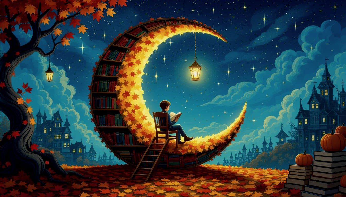 Surreal Autumn Library With Moon Books and Boy Reading