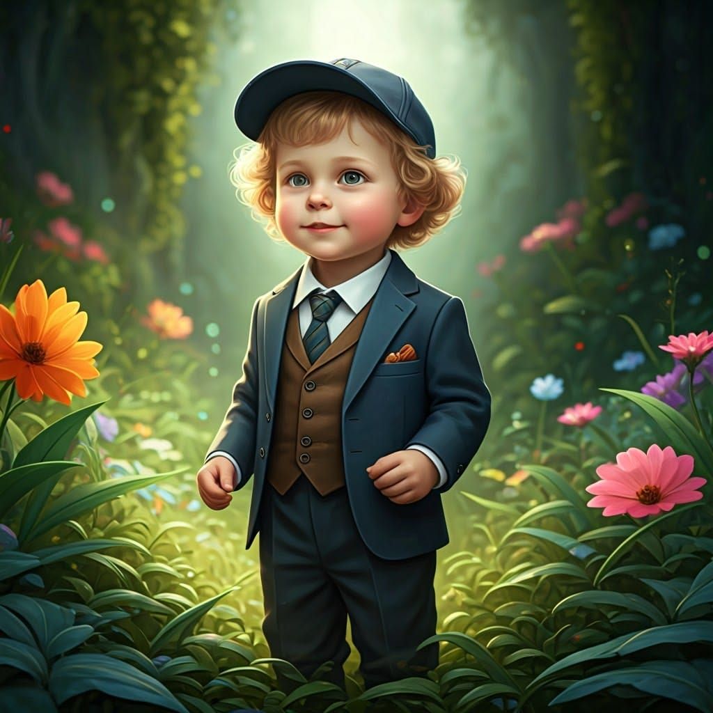 Innocent Boy Amidst Whimsical Nature in Detailed Matte Paint...
