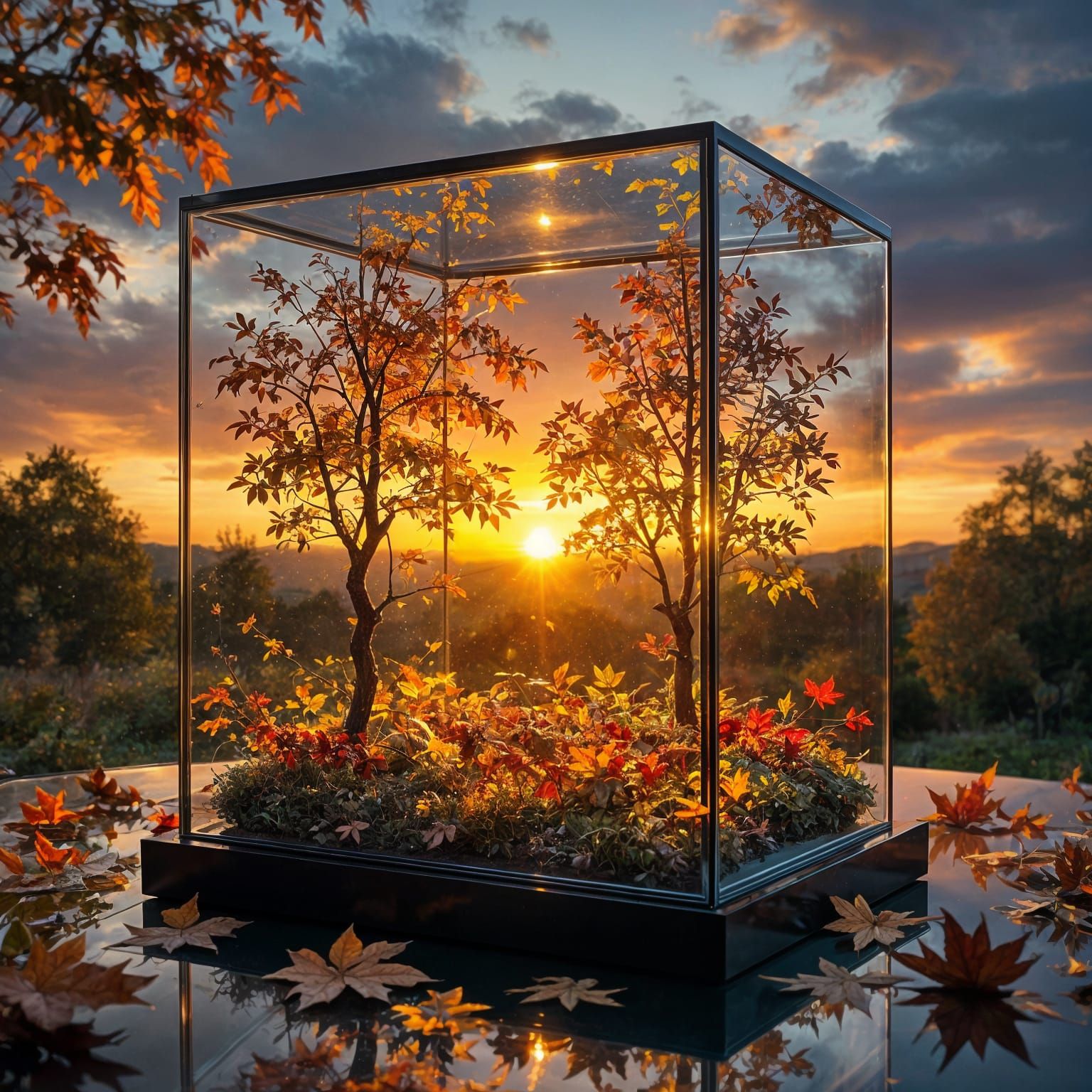 Autumn Sunset in Nested Glass Boxes: Digital Masterpiece