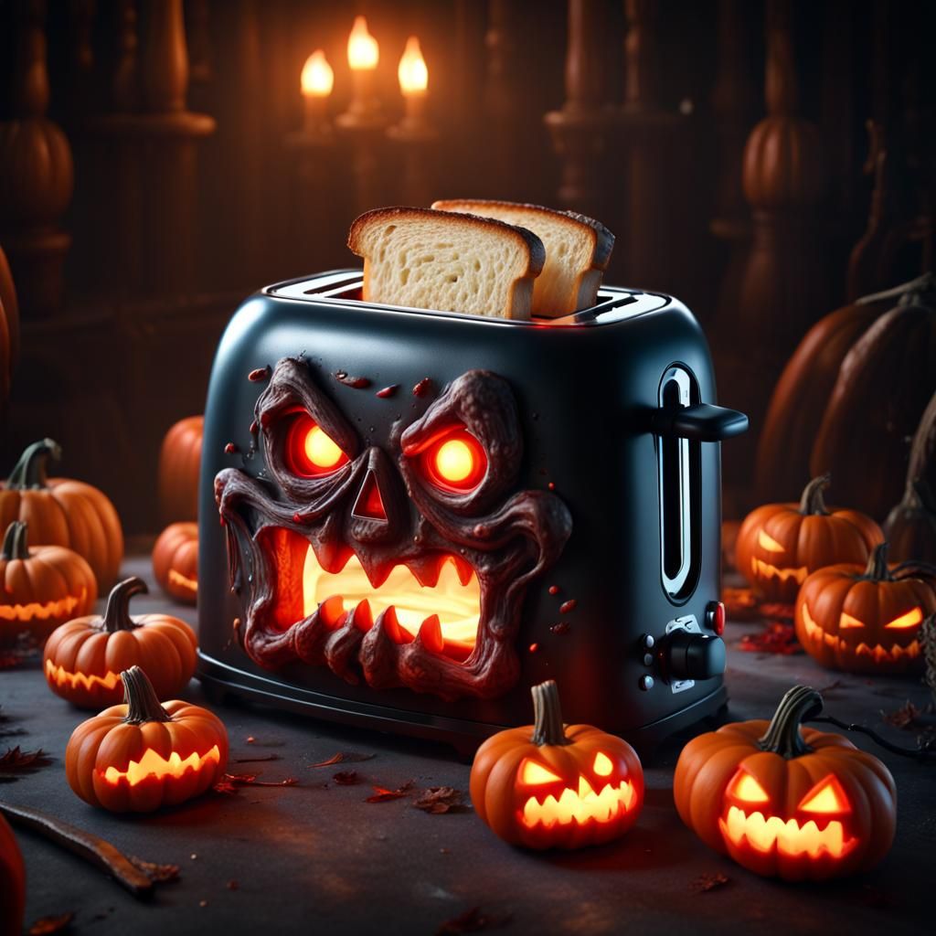 Spooky Toaster with Glowing Eyes and Bread Teeth
