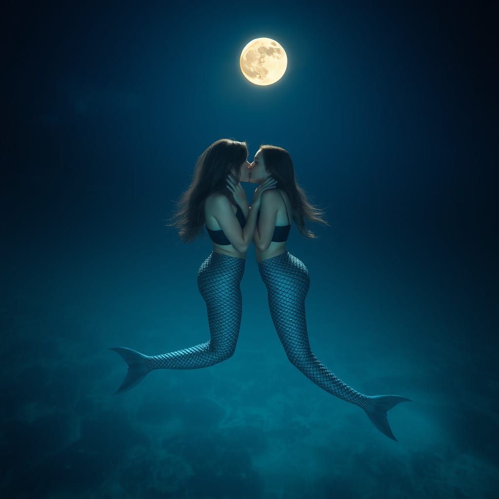 Goth Mermaid Lovers Kiss Under Full Moonlit Sea