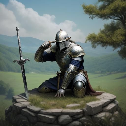 Knight Kneeling with Sword in Stone on Hill
