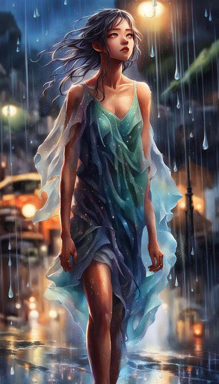 Anime Woman in Rainy Cityscape: Digital Painting
