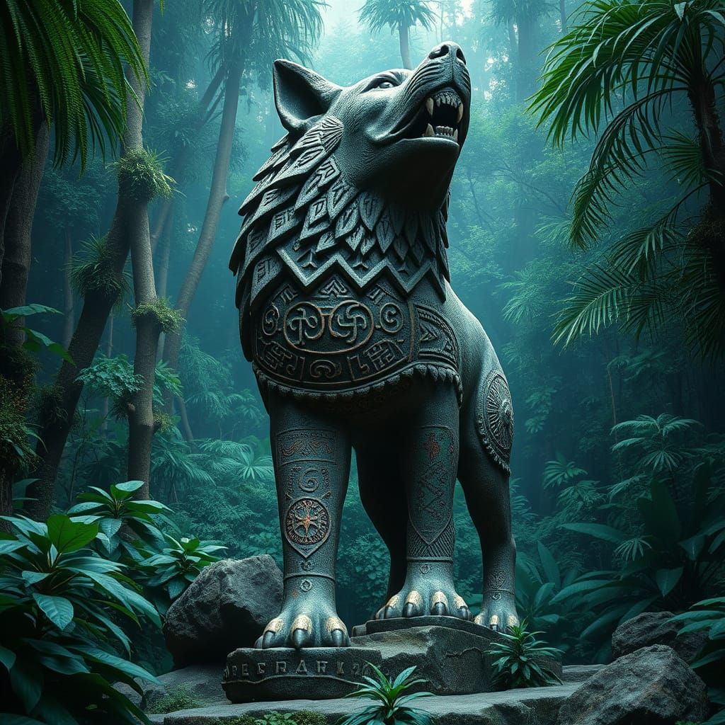 Mystical Wolf Sculpture in Asian Jungle