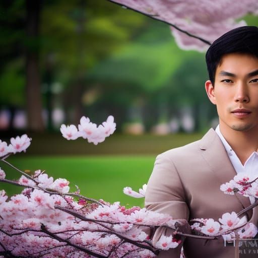 Handsome Asian Warrior in Japanese Cherry Blossom Garden