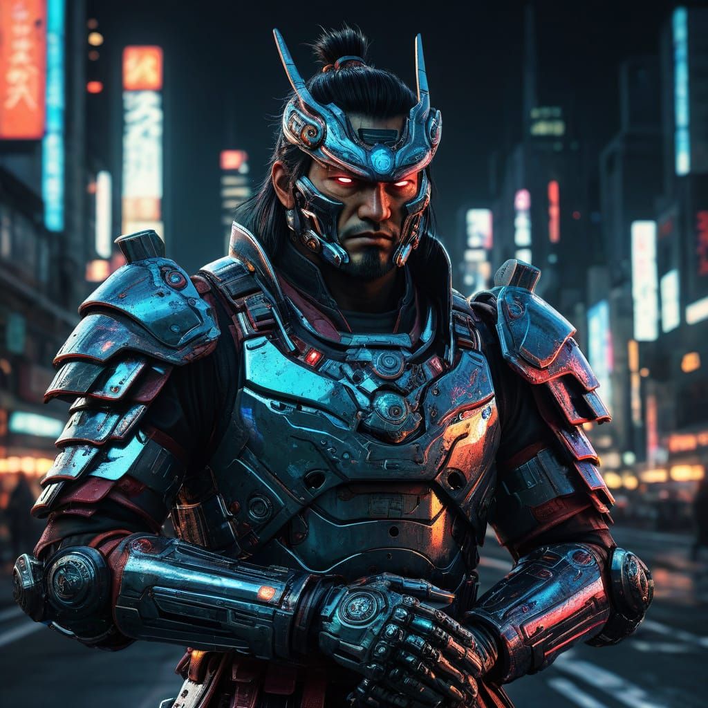 Futuristic Samurai in Cyberpunk Cityscape, Akira Toriyama St...