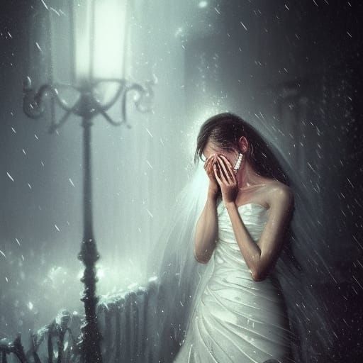 Crying Bride at Ruined Wedding: Dark Fantasy Art