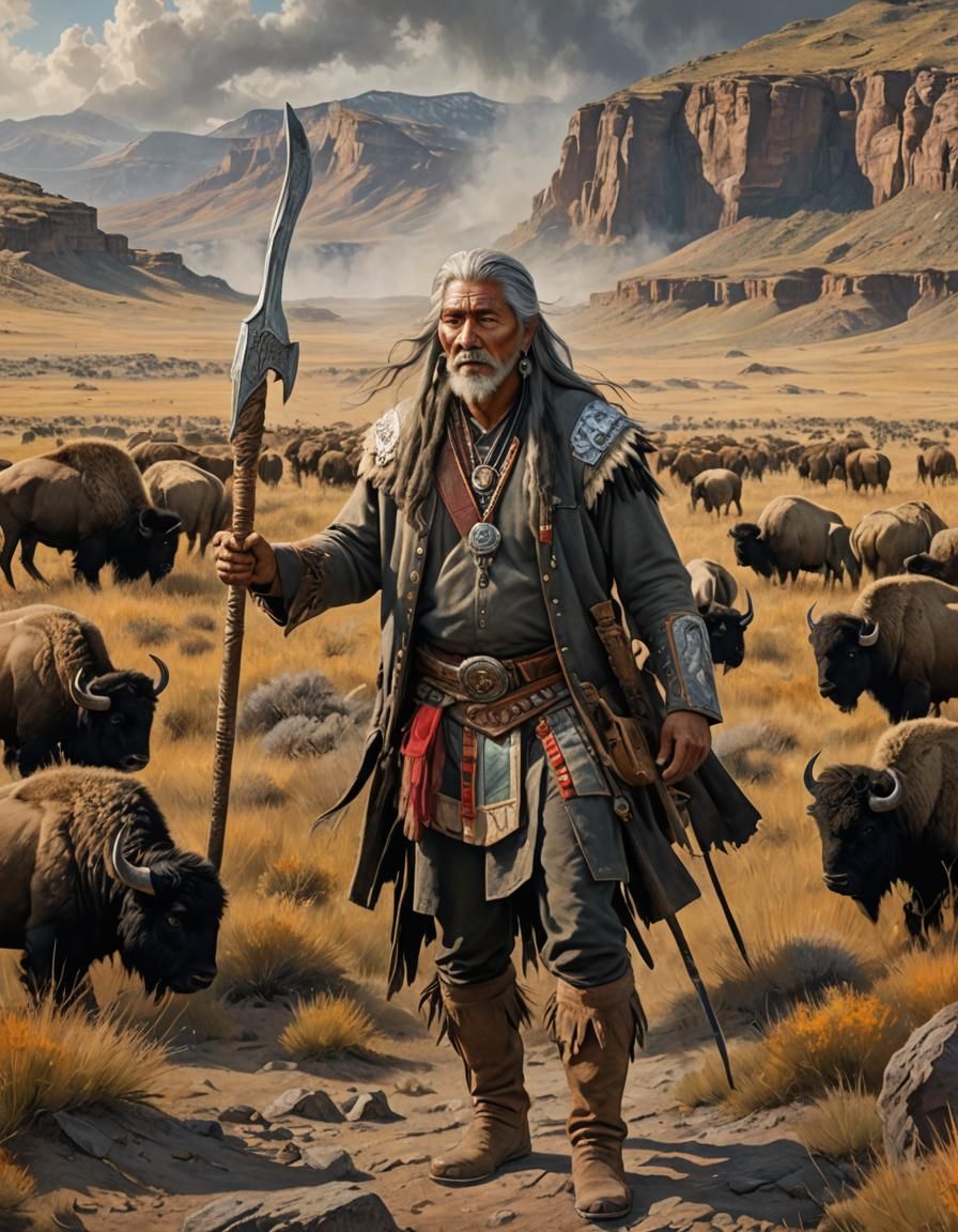 Native American Warrior with Bison Herd, Matte Painting