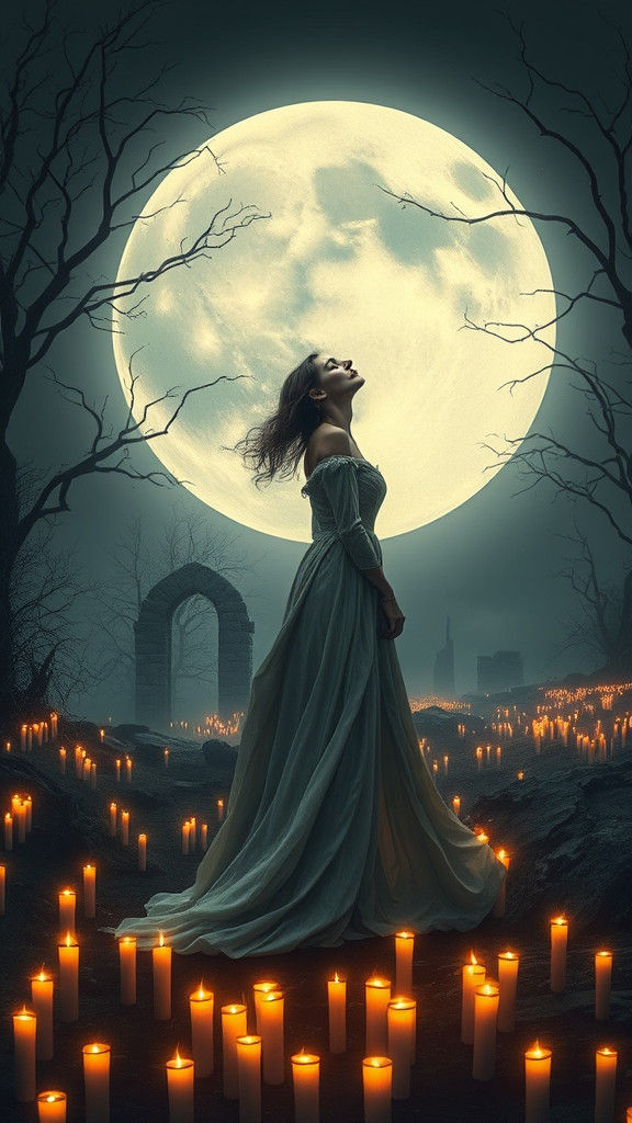 Melancholic Moonlit Woman in Gothic Landscape
