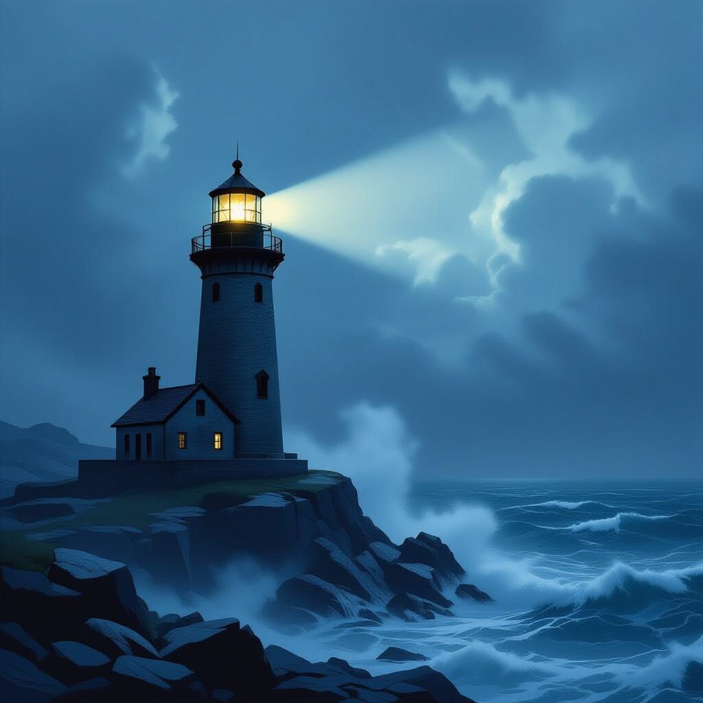 Stormy Lighthouse Beam Cuts Through Gloom