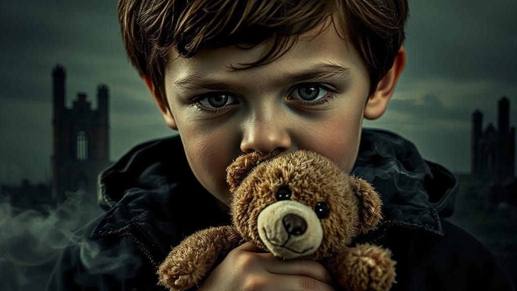 Forlorn Little Boy Amidst Haunting Dystopian Landscape