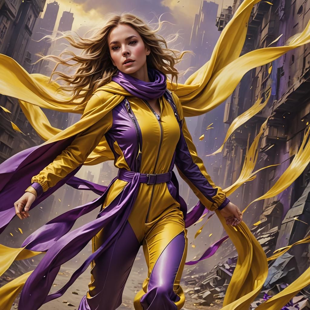 Woman in Vibrant Jumpsuit: Matte Painting Style