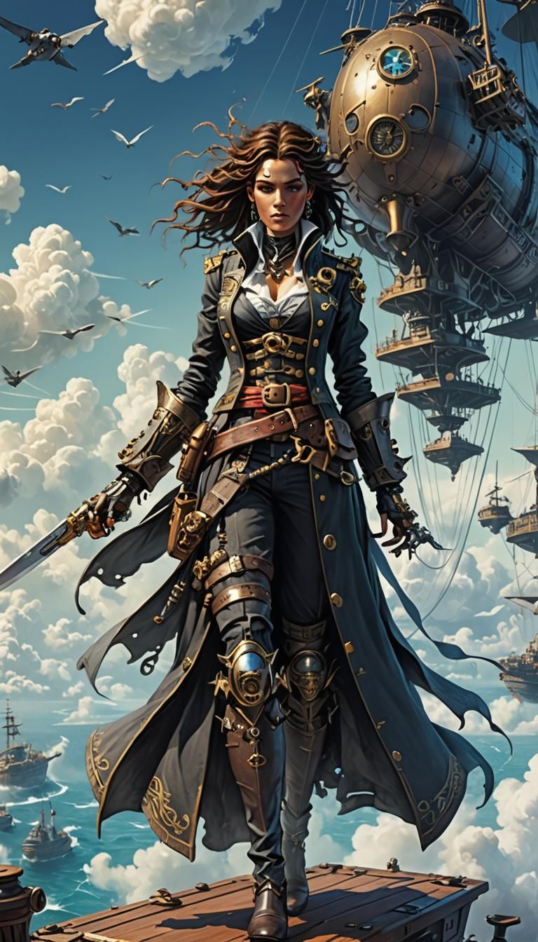 Pirate Queen Soaring Above Clouds on Airship