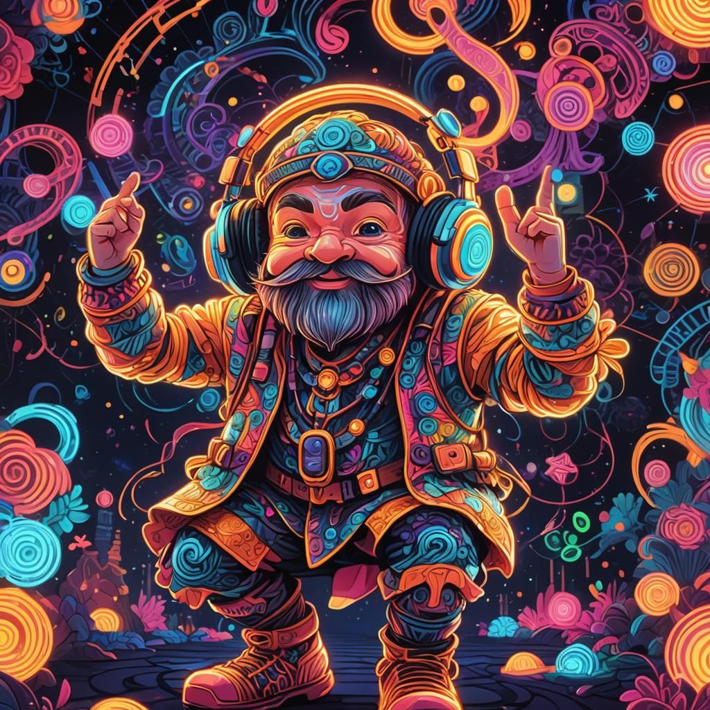 Dancing Dwarf at Rave in Kawaii Neon Art Style