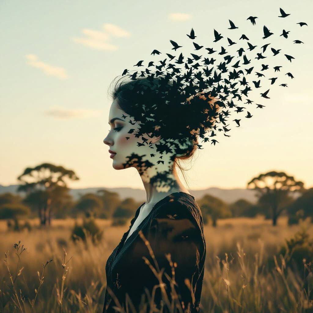 Surreal Double Exposure Portrait of Woman and Starling Murmu...