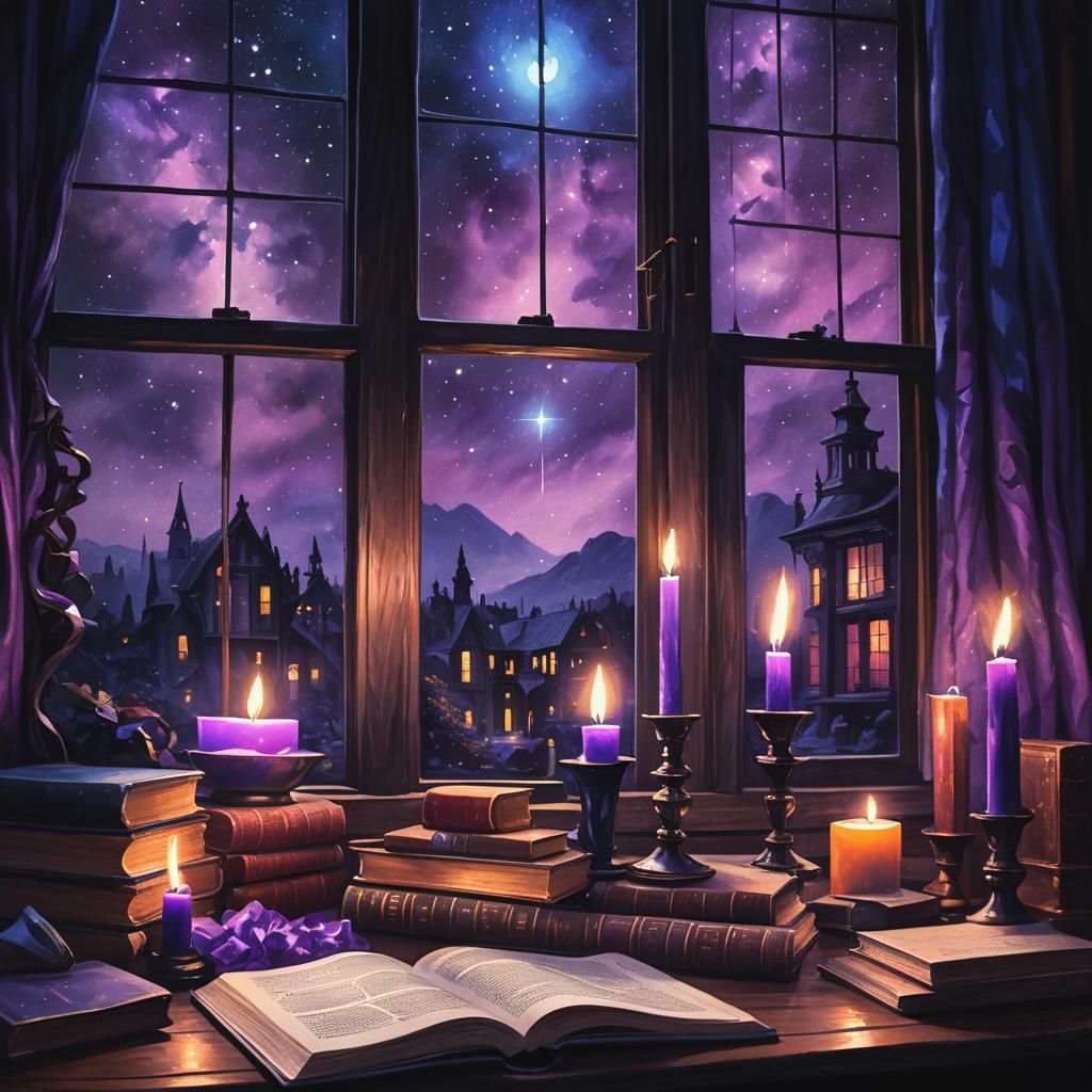 Night Sky Lit Desk in Ethereal Oil Painting Style