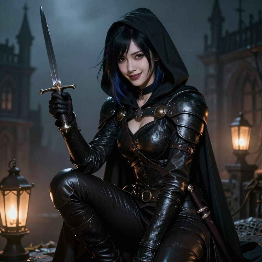 Gothic Thief Crouching with Dagger on Rooftops