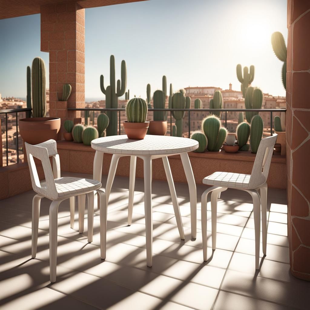 Sunny Spanish Balcony with Cacti and Tiled Table