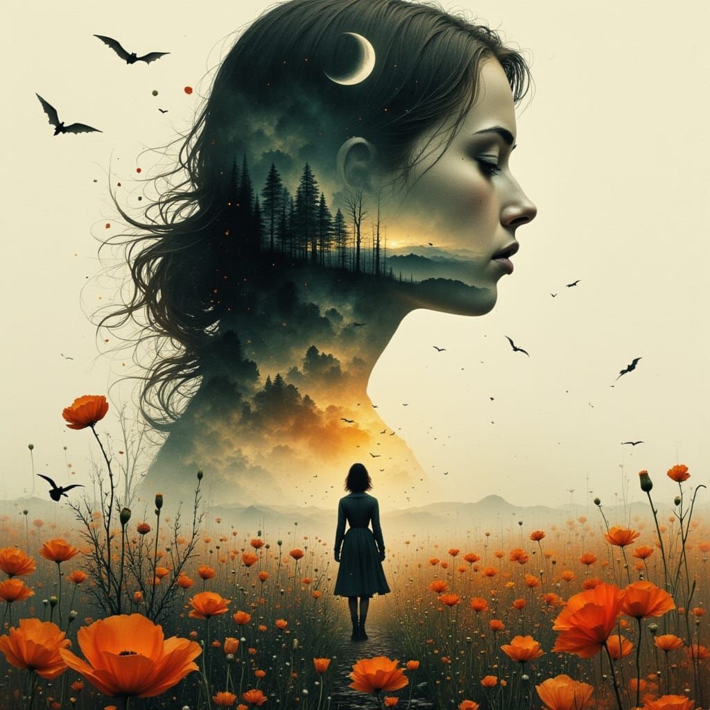 Melancholic Double Exposure in Watercolor Style