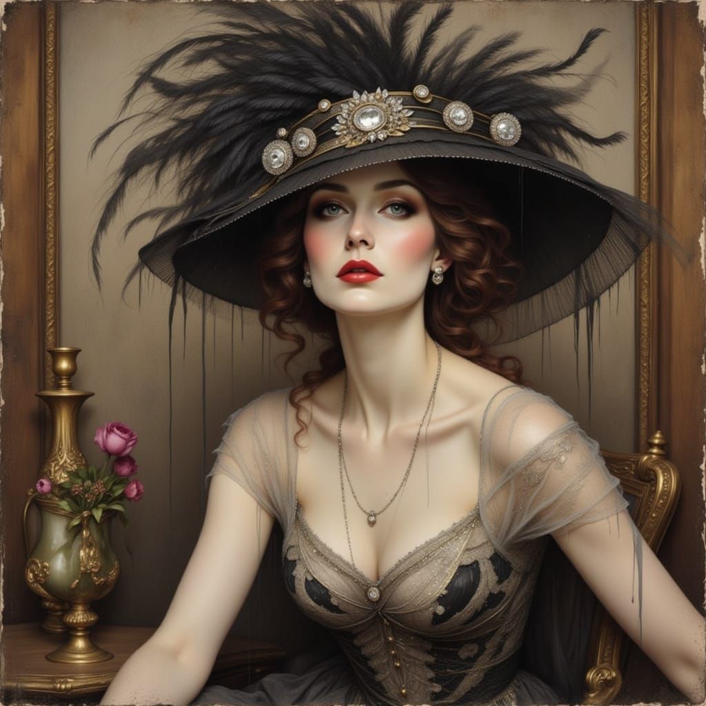 Woman in Art Deco gown and elaborate cloche hat with feather...