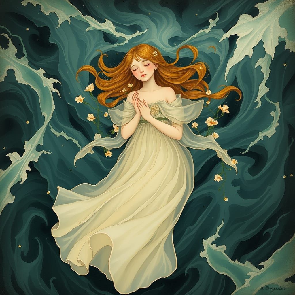 Girl in Stormy Sea with Flowers, Pre-Raphaelite Style