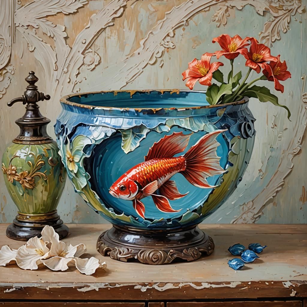 Betta Fish in Bowl: Impasto Style Painting