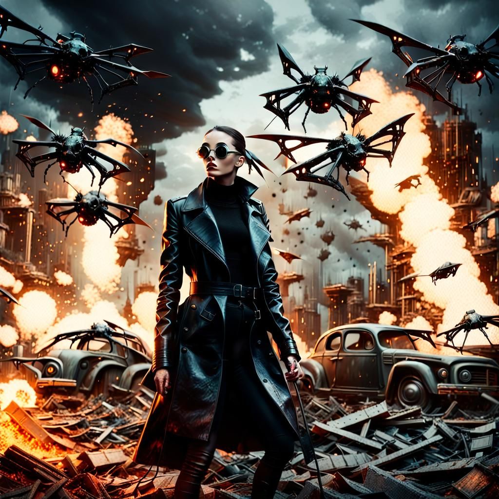Post-Apocalyptic Goth Amidst Insect Drones, Cyberpunk Style