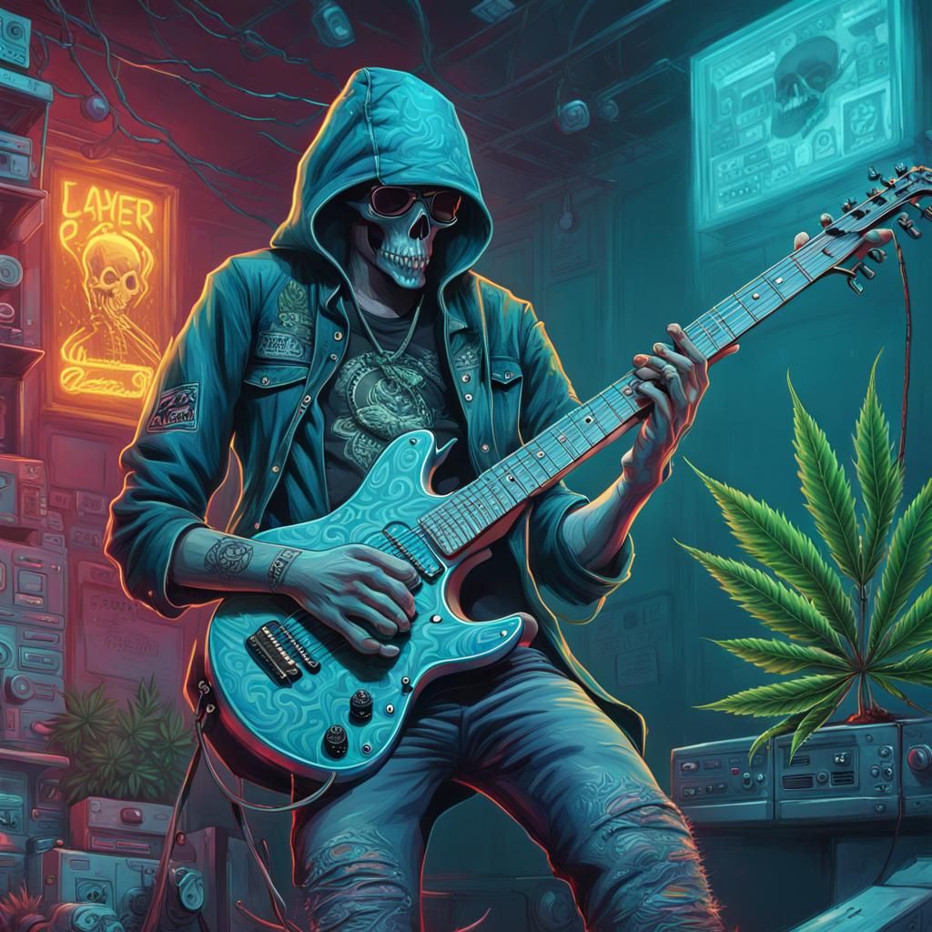 Dystopian Guitarist Shredding in Neon Alley, Street Art