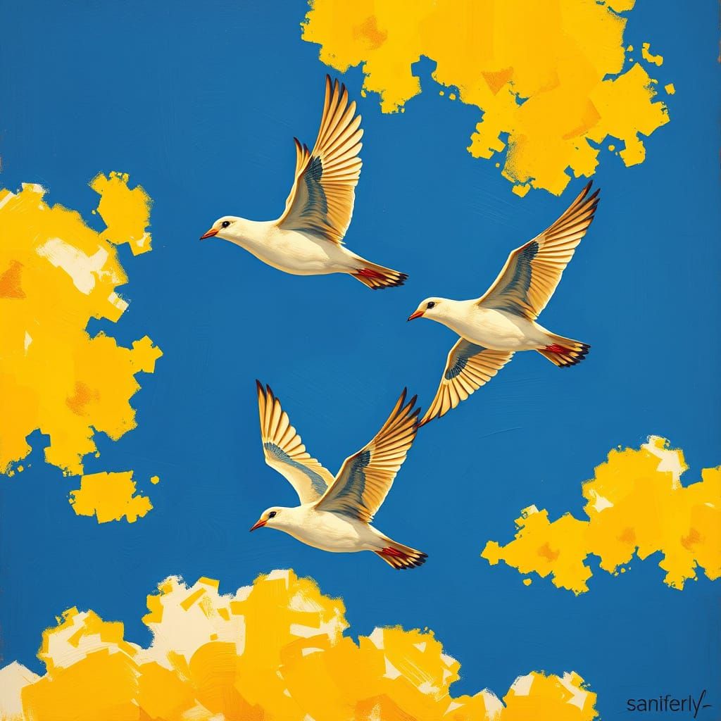 Vibrant Birds in Formation, in a Post-Impressionist Pop Art ...