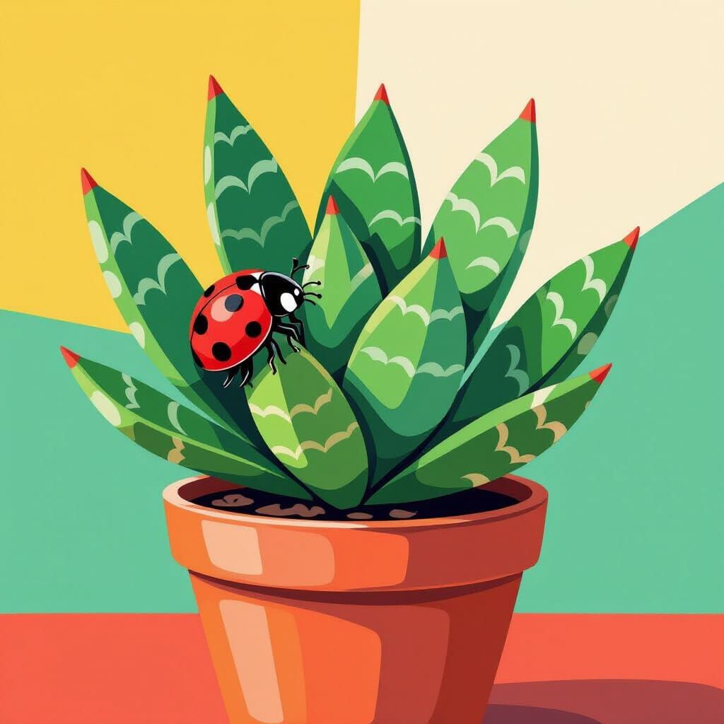 Ladybug on Jade Plant in Abstract Style