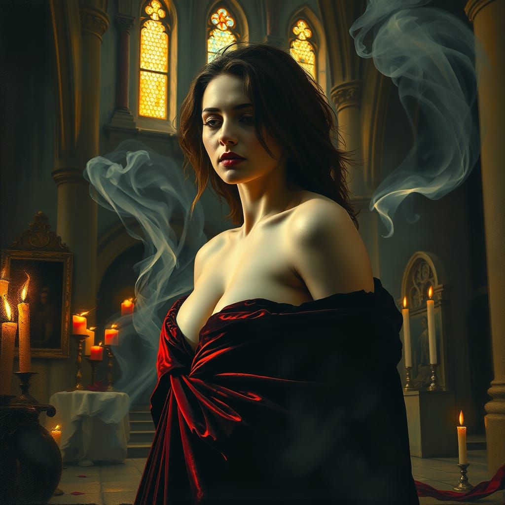 Introspective Figure in Ruined Cathedral: Baroque Oil Painti...