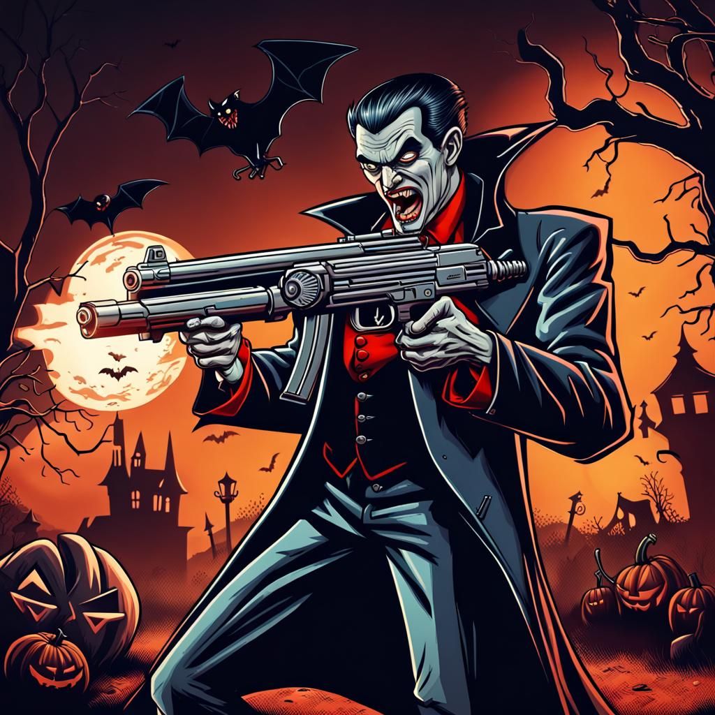 Cartoon Vampire Fires Machine Gun on Halloween