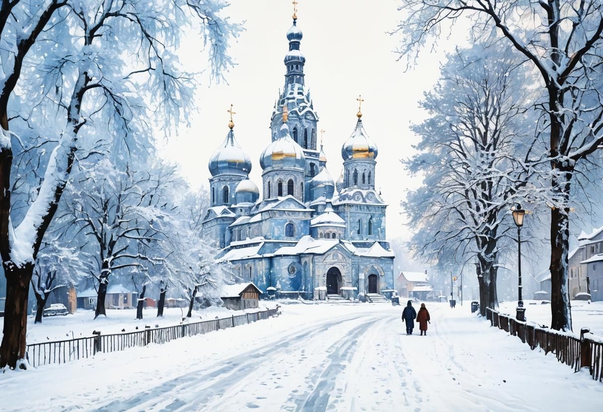 Snowy Polish Village: Photorealistic Double Exposure