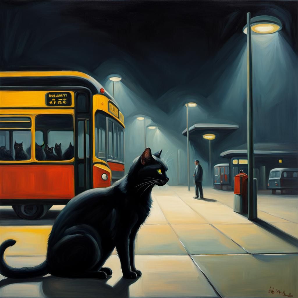 Giant Black Cat at Night in Hopper Style