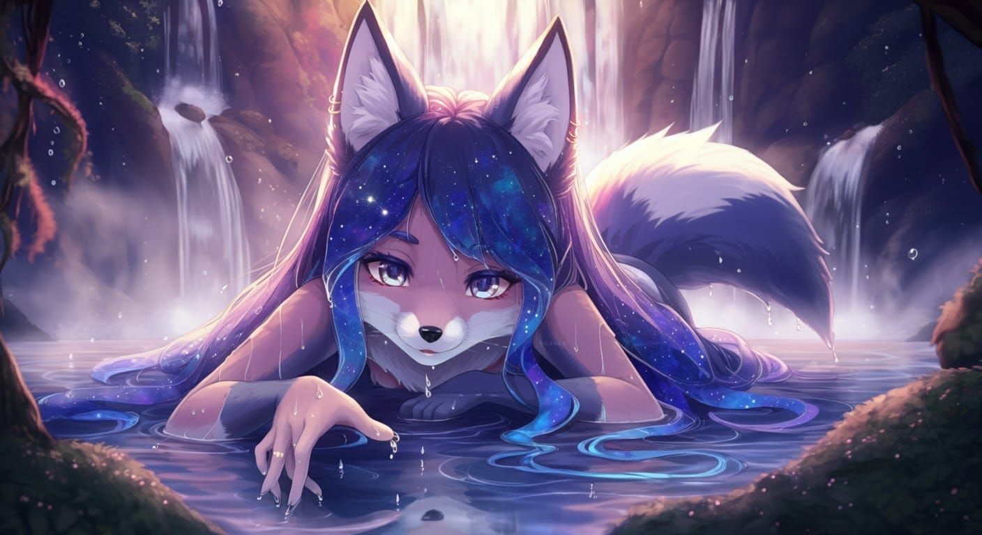 Pastel Anime Cosmic Fox Basks in Whimsical Rainforest Oasis