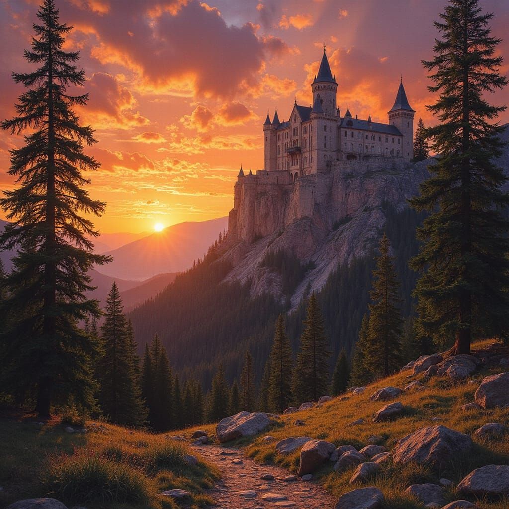 Hillside Castle at Sunset: A Landscape Painting