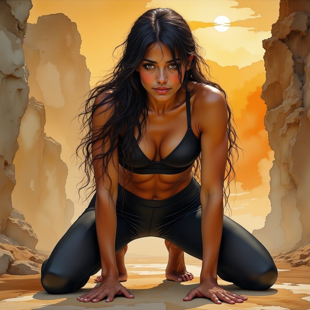 <lora:Neurographic Flux:1.0> Gothic woman; A high-resolution; front crawling on hands and legs; front veiw; cell shaded;...