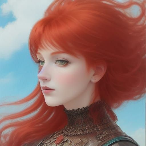 <lora:Red Hair Beauty:1.0> Whimsical anime. Medium shot. A redheaded step child stands alone. Soft focus. Watercolor sty...