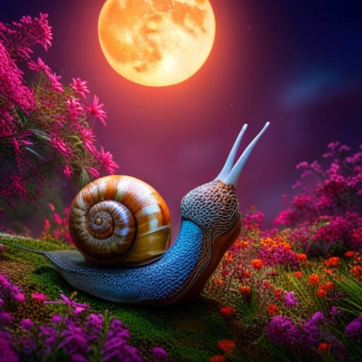A Snail in a Flower Garden by Full Moon