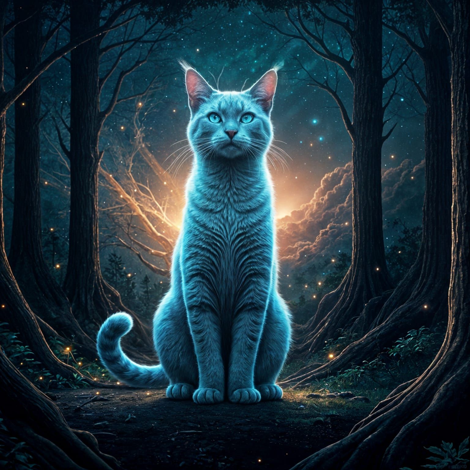 Elegant Cat with Forest and Nebula Double Exposure