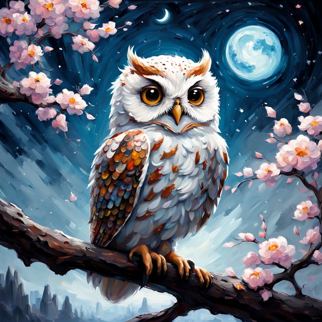 Cute Owl Sleeping Under Starry Sky Oil Painting