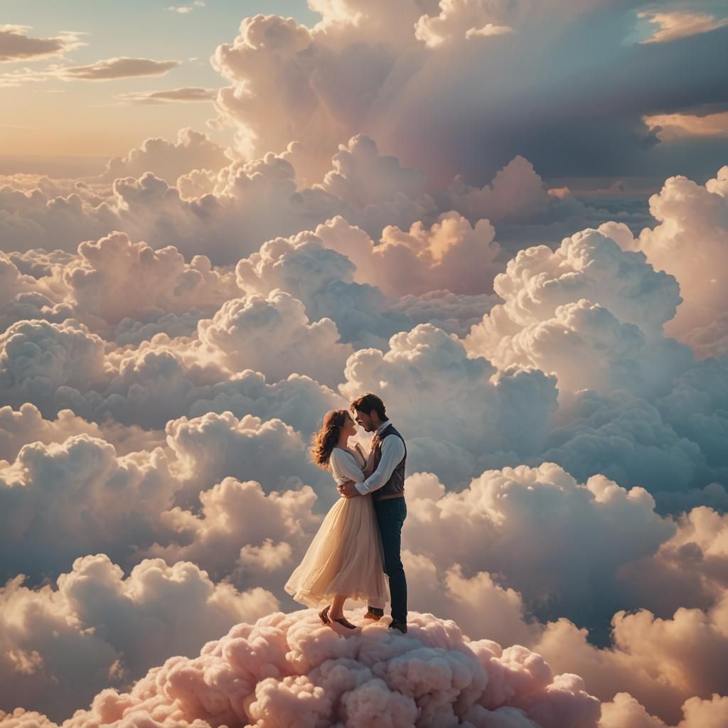 Couple Embrace on Cloud in Dreamy Landscape