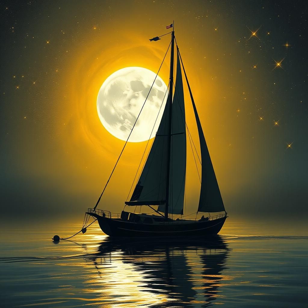 Sailboat Silhouette Under Silver Moon: Impressionist Paintin...