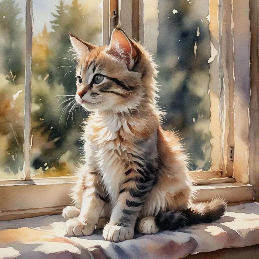 Watercolor Kitten in Sunlight by the Window